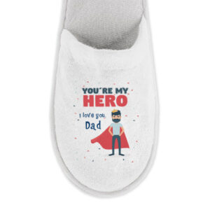 Hotel slippers met Foto en Tekst bedrukken voor Vaderdag " You are my hero"